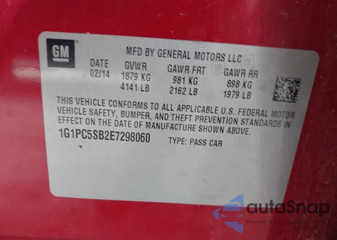 2014 Chevrolet Cruze 1Lt Auto from USA, damaged, VIN 1G1PC5SB2E7298060